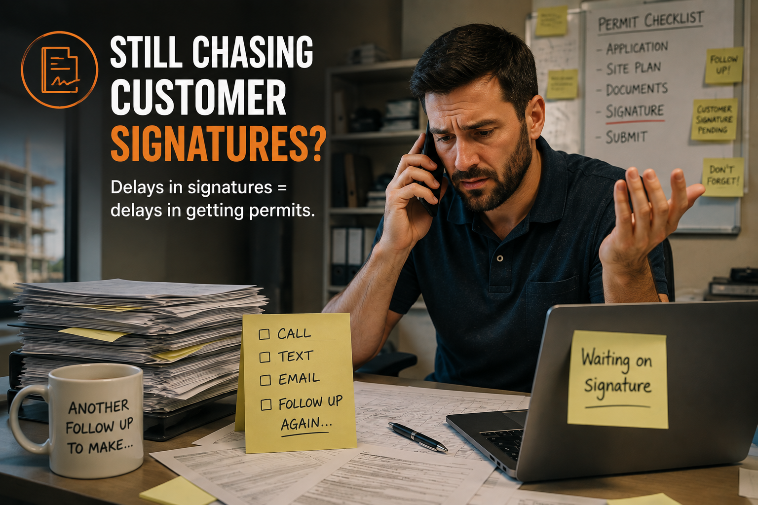 Contractor stuck on the phone chasing a customer signature while sticky notes pile up on the desk